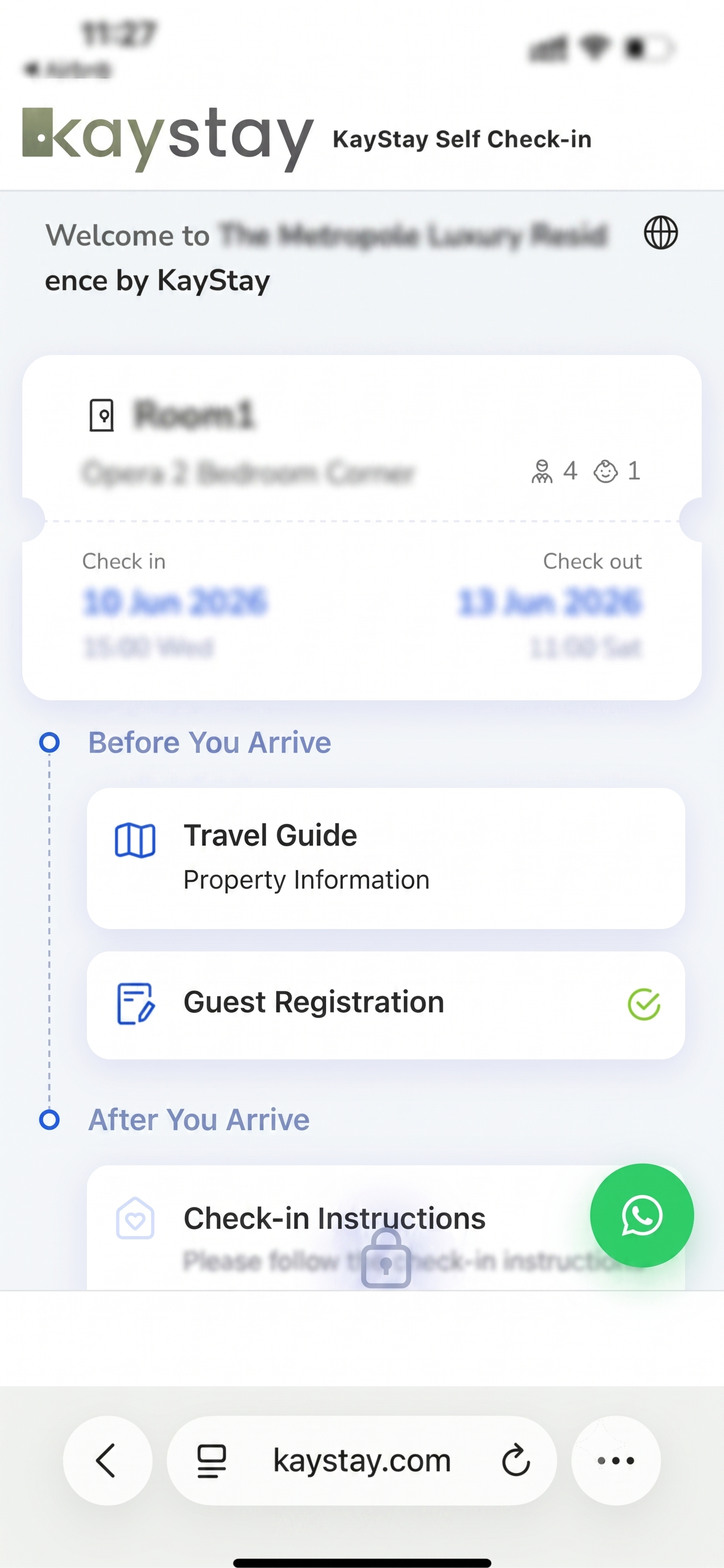 KayStay self check-in portal with travel guide and locked arrival details