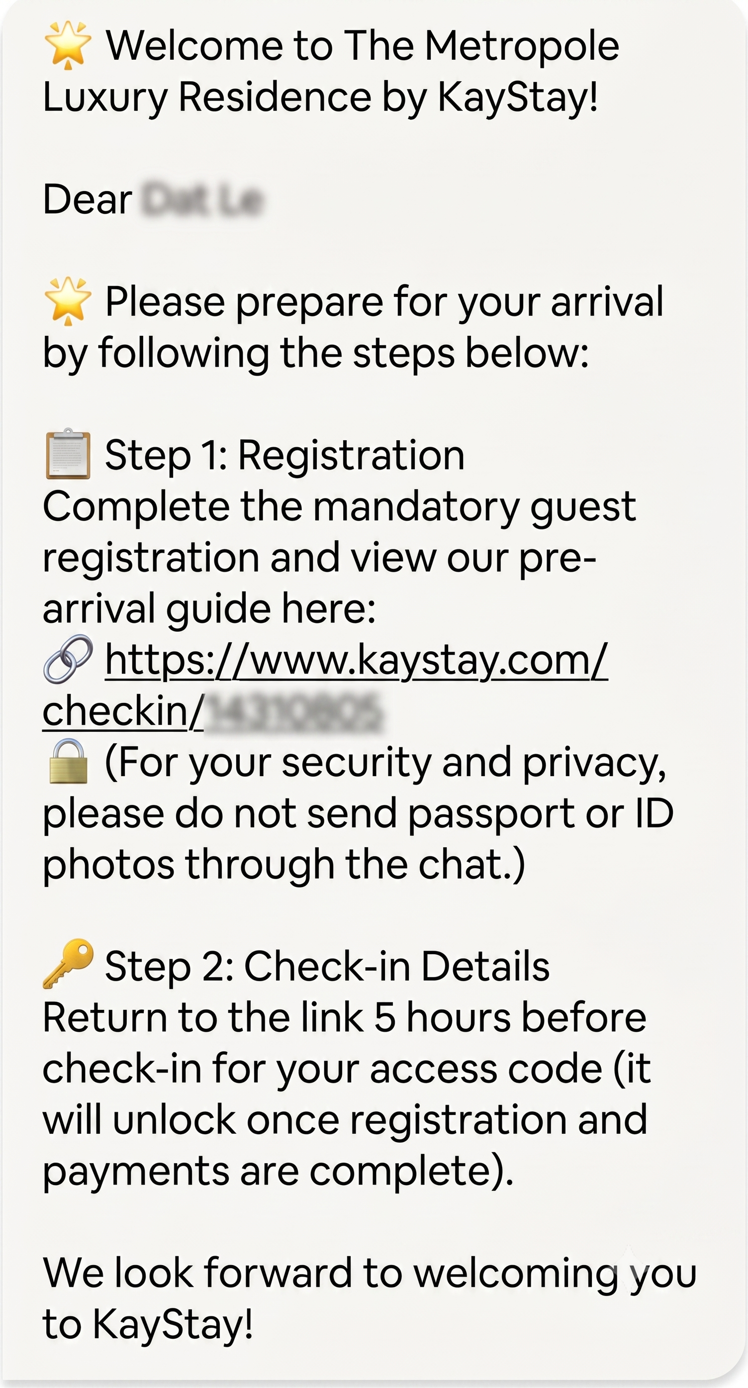 KayStay welcome message with one-click check-in link